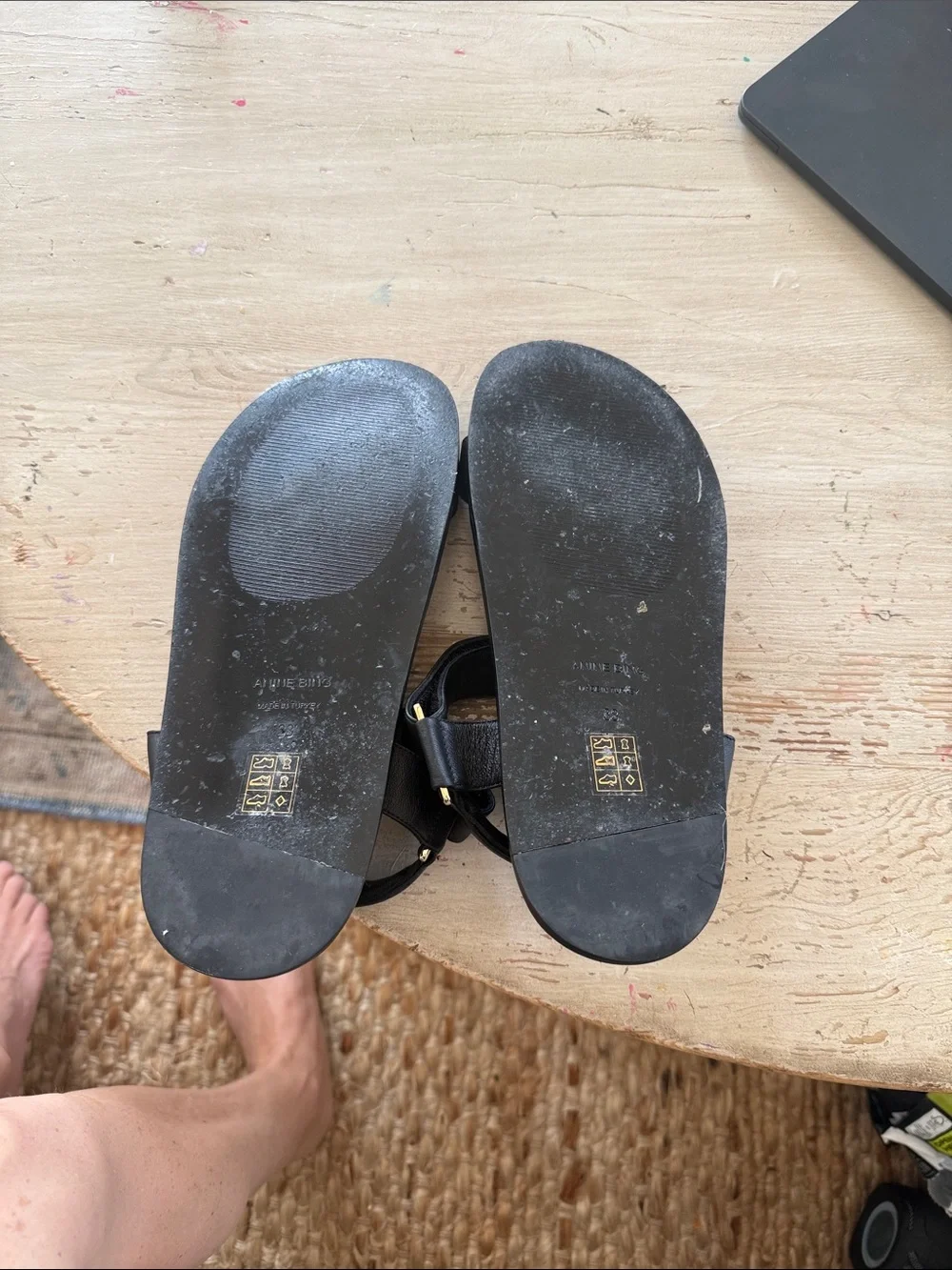 Anine Bing Black Leather Adjustable Strap Sandals with Gold Accents